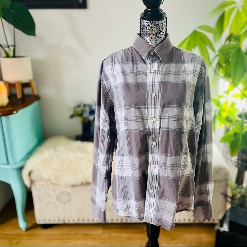 Classic Button Down Long Sleeve Shirt in Gray, White, Yellow Plaid